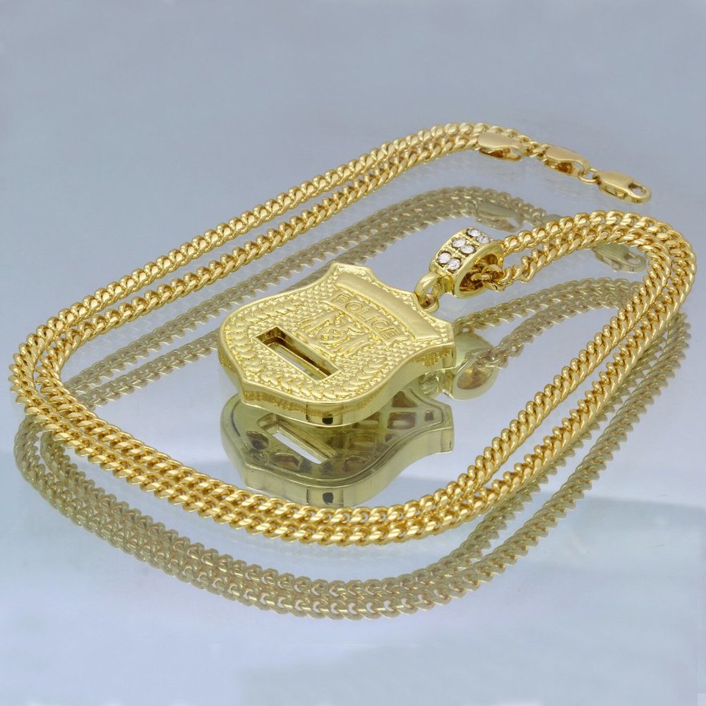 14k Gold Police Badge 27" Cuban Chain + Pendant